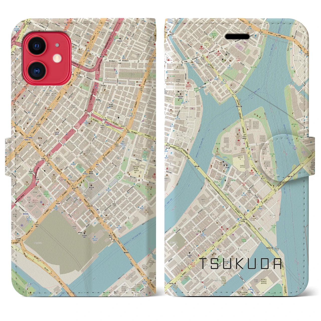 【佃】地図柄iPhoneケース（手帳両面タイプ・ナチュラル）iPhone 11 用