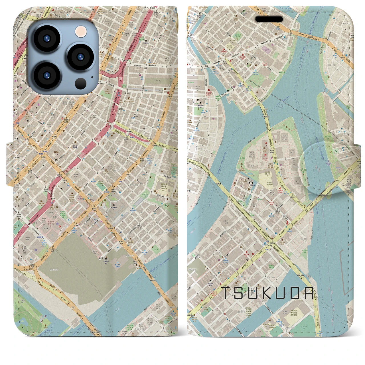 【佃】地図柄iPhoneケース（手帳両面タイプ・ナチュラル）iPhone 13 Pro Max 用
