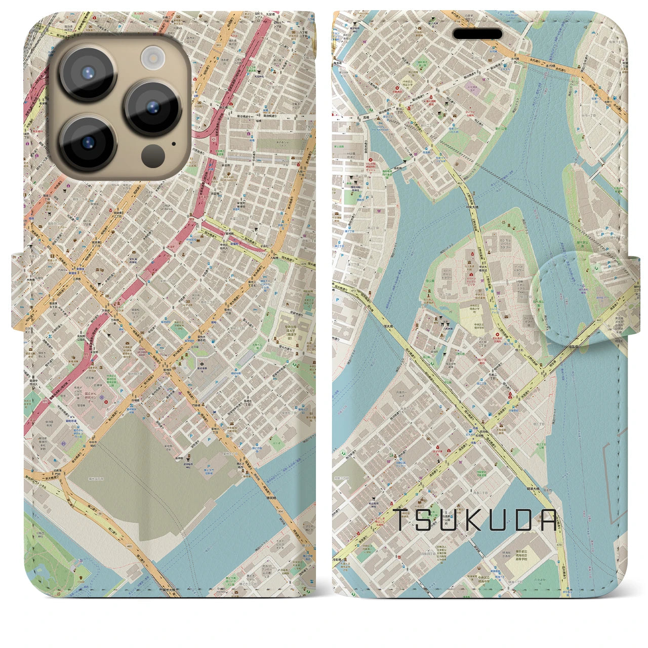 【佃】地図柄iPhoneケース（手帳両面タイプ・ナチュラル）iPhone 14 Pro Max 用