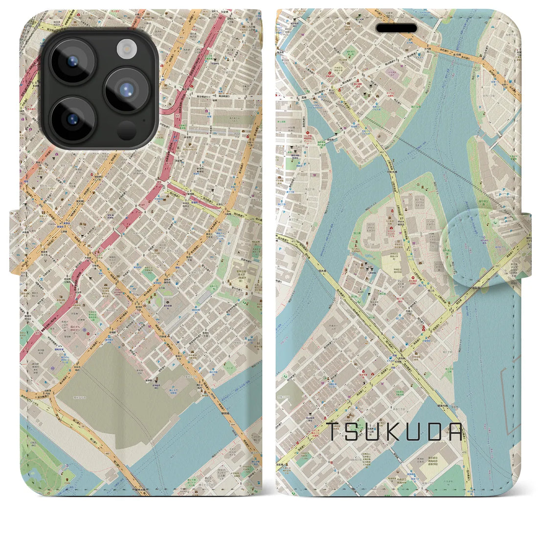 【佃】地図柄iPhoneケース（手帳両面タイプ・ナチュラル）iPhone 15 Pro Max 用