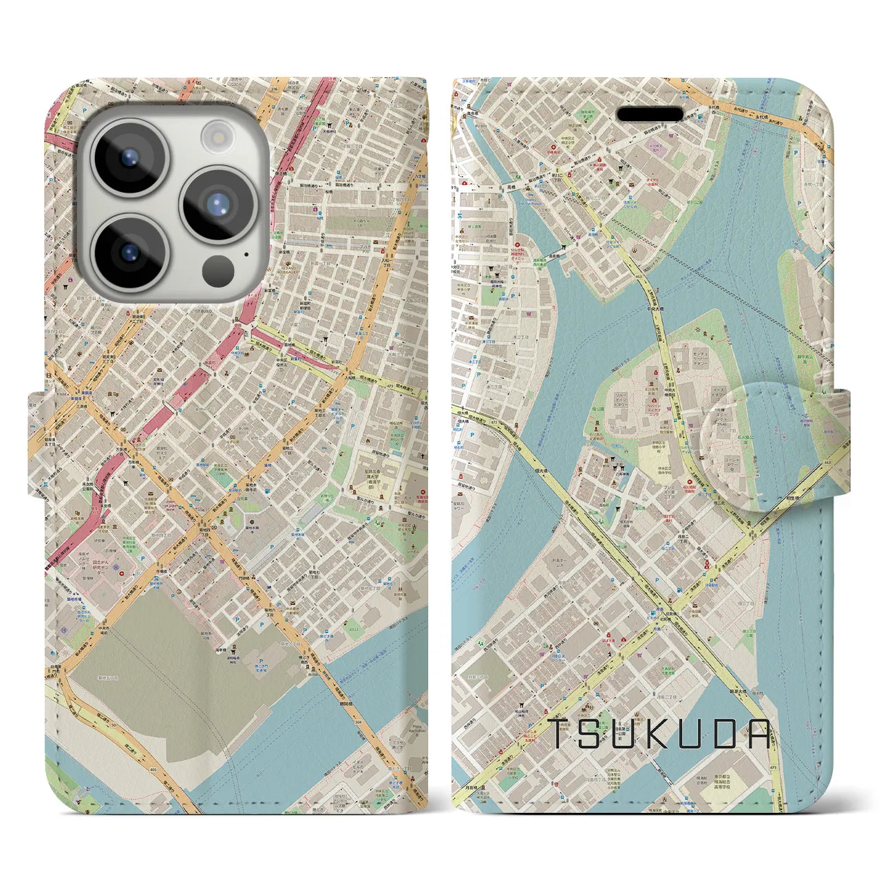 【佃】地図柄iPhoneケース（手帳両面タイプ・ナチュラル）iPhone 15 Pro 用