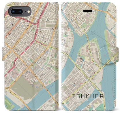 【佃（東京都）】地図柄iPhoneケース（手帳タイプ）ナチュラル・iPhone 8Plus /7Plus / 6sPlus / 6Plus 用