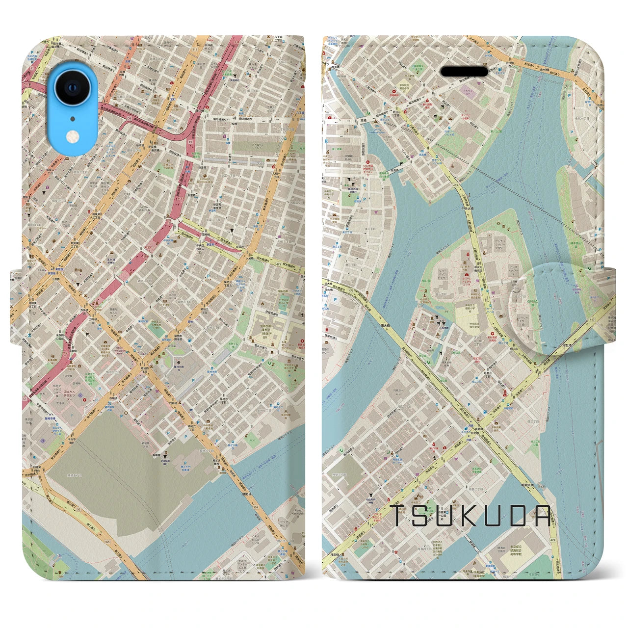 【佃】地図柄iPhoneケース（手帳両面タイプ・ナチュラル）iPhone XR 用