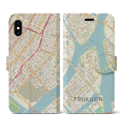 【佃（東京都）】地図柄iPhoneケース（手帳タイプ）ナチュラル・iPhone XS / X 用