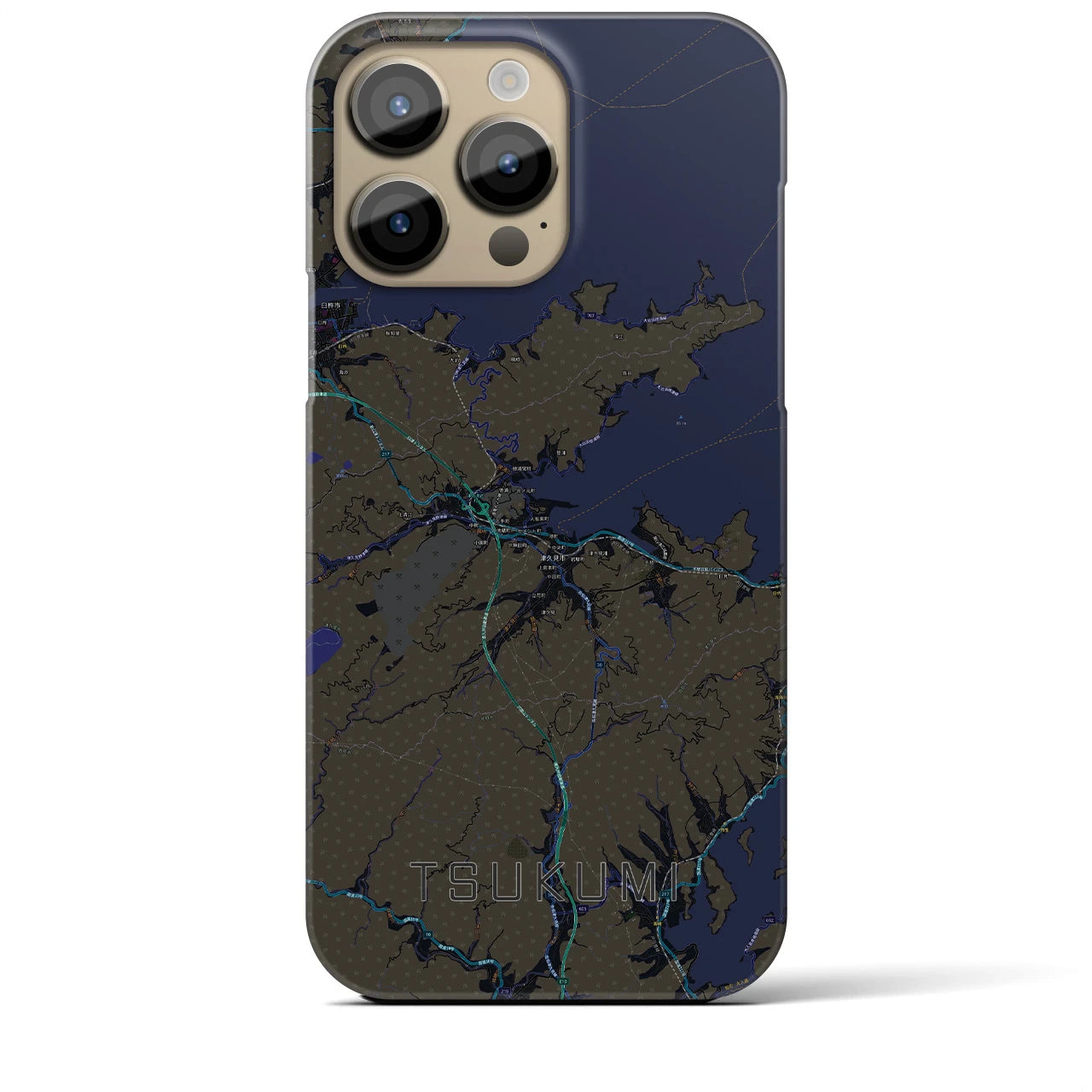 【津久見】地図柄iPhoneケース（バックカバータイプ・ブラック）iPhone 14 Pro Max 用
