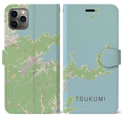 【津久見（大分県）】地図柄iPhoneケース（手帳タイプ）ナチュラル・iPhone 11 Pro Max 用
