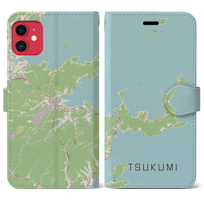 【津久見（大分県）】地図柄iPhoneケース（手帳タイプ）ナチュラル・iPhone 11 用