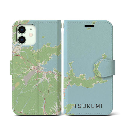 【津久見（大分県）】地図柄iPhoneケース（手帳タイプ）ナチュラル・iPhone 12 mini 用