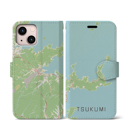 【津久見（大分県）】地図柄iPhoneケース（手帳タイプ）ナチュラル・iPhone 13 mini 用