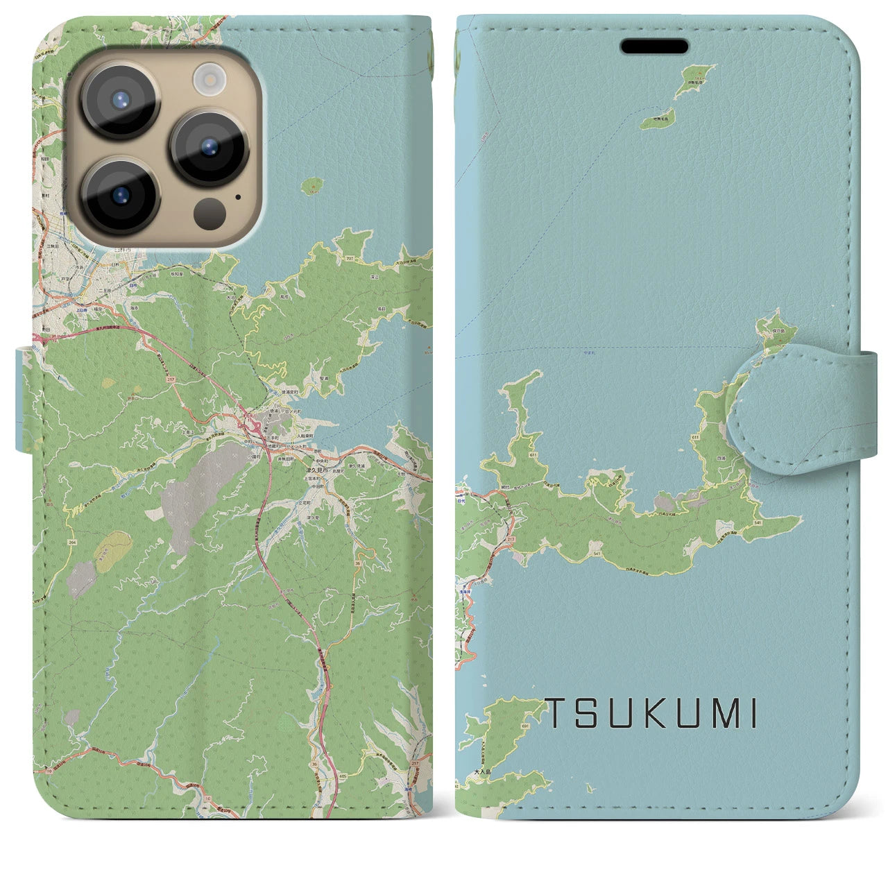 【津久見】地図柄iPhoneケース（手帳両面タイプ・ナチュラル）iPhone 14 Pro Max 用