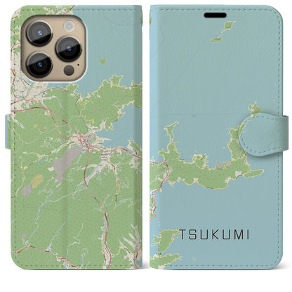 【津久見（大分県）】地図柄iPhoneケース（手帳タイプ）ナチュラル・iPhone 14 Pro Max 用