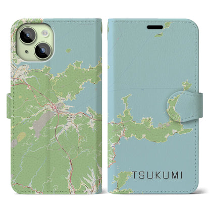 【津久見（大分県）】地図柄iPhoneケース（手帳タイプ）ナチュラル・iPhone 15 用