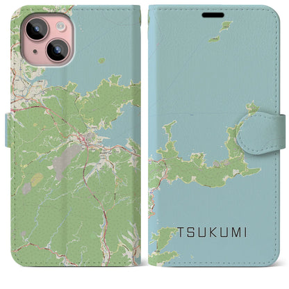 【津久見（大分県）】地図柄iPhoneケース（手帳タイプ）ナチュラル・iPhone 15 Plus 用