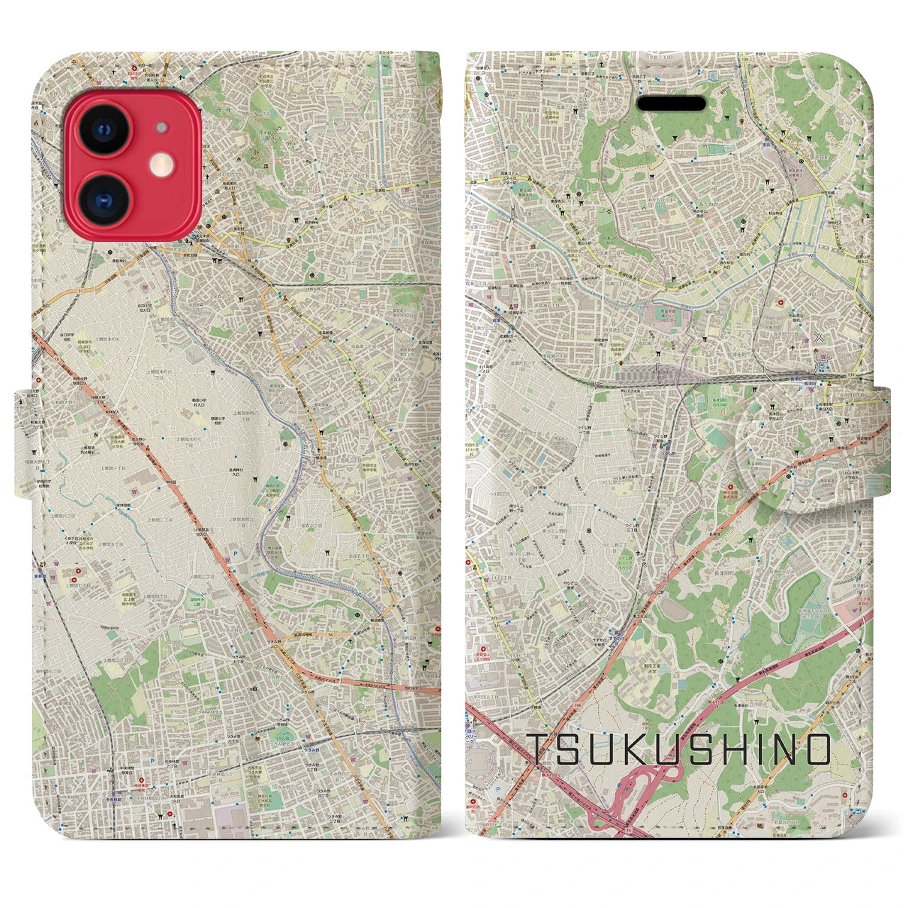 【つくし野】地図柄iPhoneケース（手帳両面タイプ・ナチュラル）iPhone 11 用