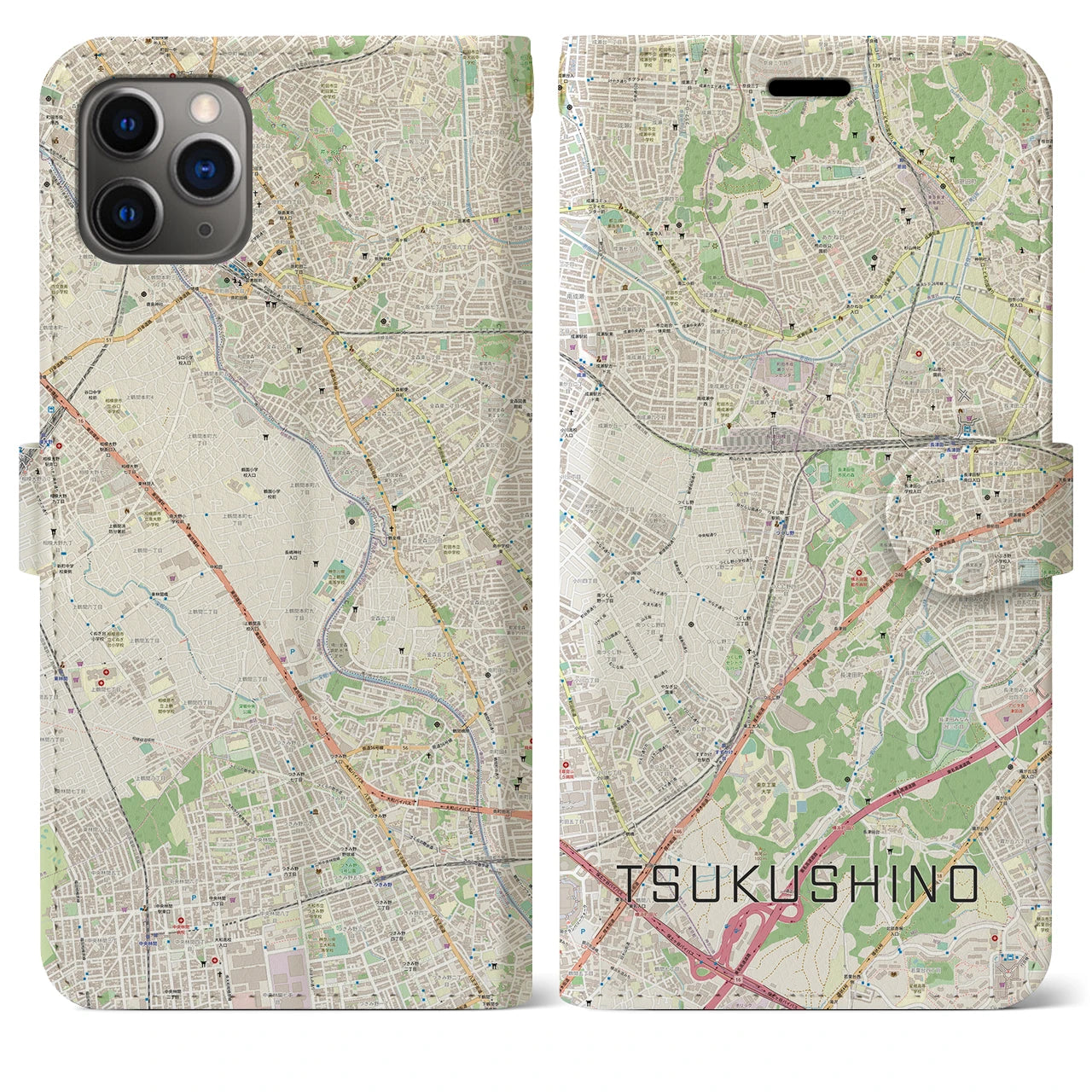 【つくし野】地図柄iPhoneケース（手帳両面タイプ・ナチュラル）iPhone 11 Pro Max 用