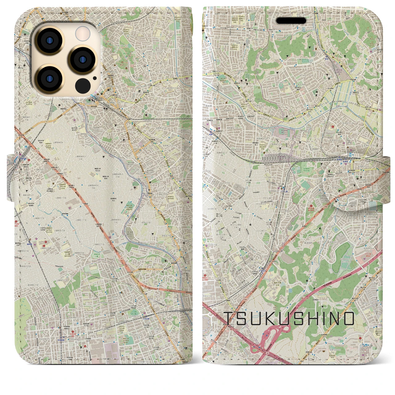 【つくし野】地図柄iPhoneケース（手帳両面タイプ・ナチュラル）iPhone 12 Pro Max 用