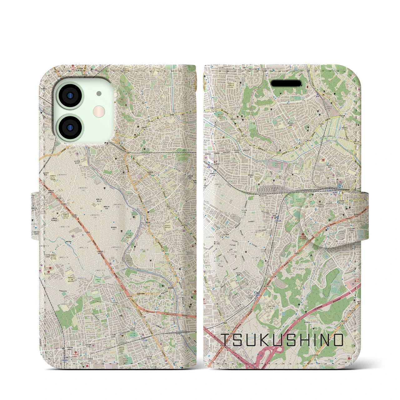 【つくし野】地図柄iPhoneケース（手帳両面タイプ・ナチュラル）iPhone 12 mini 用