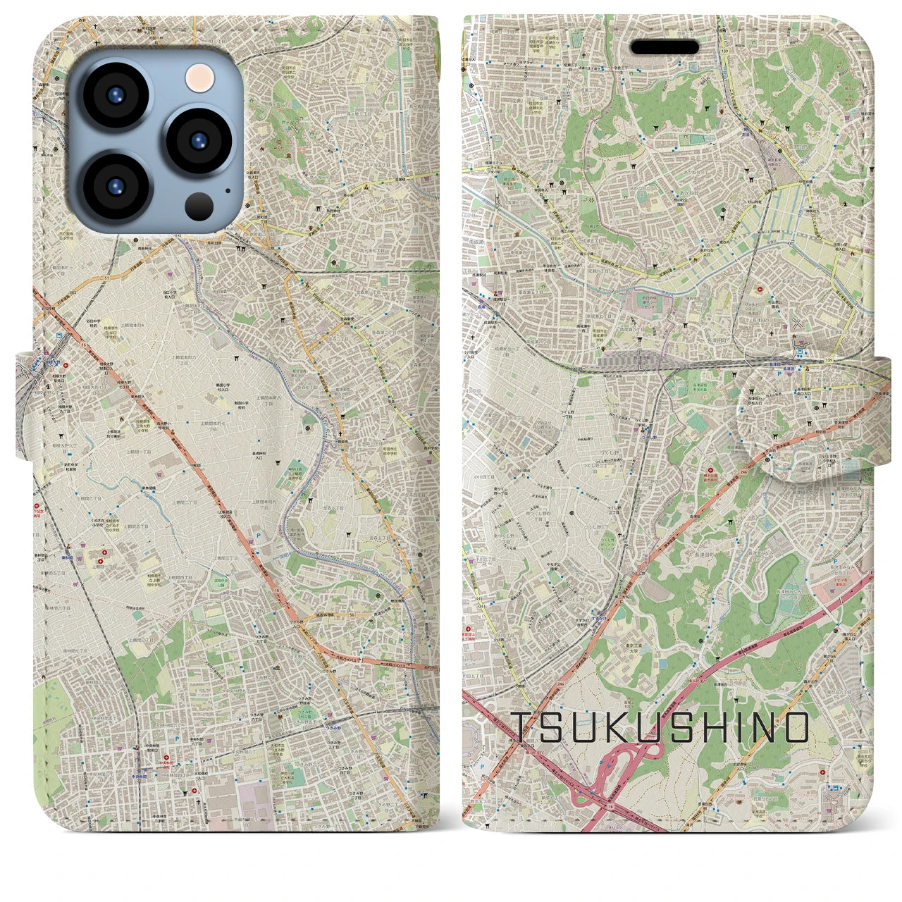 【つくし野】地図柄iPhoneケース（手帳両面タイプ・ナチュラル）iPhone 13 Pro Max 用