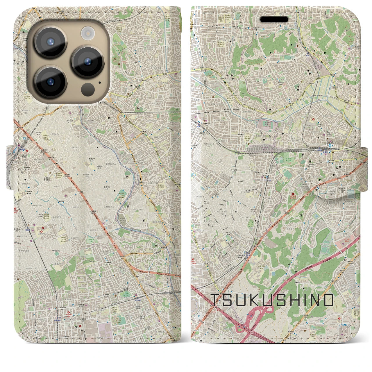 【つくし野】地図柄iPhoneケース（手帳両面タイプ・ナチュラル）iPhone 14 Pro Max 用