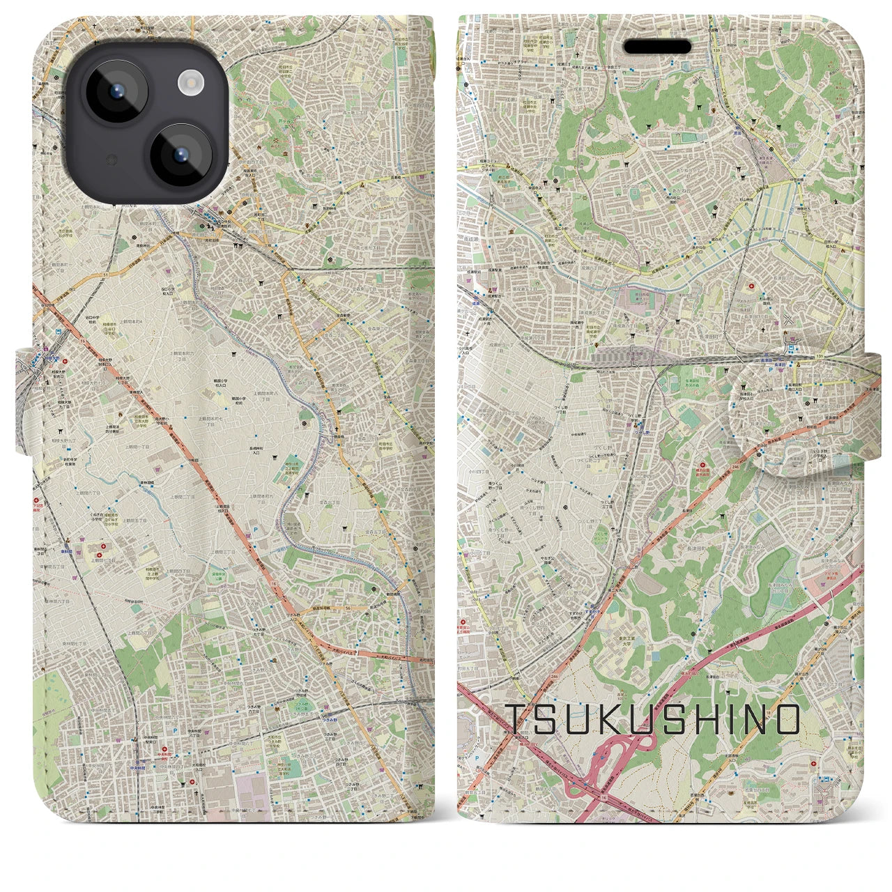【つくし野】地図柄iPhoneケース（手帳両面タイプ・ナチュラル）iPhone 14 Plus 用