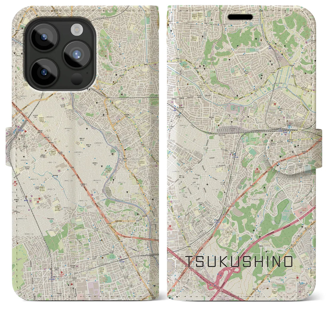 【つくし野】地図柄iPhoneケース（手帳両面タイプ・ナチュラル）iPhone 15 Pro Max 用