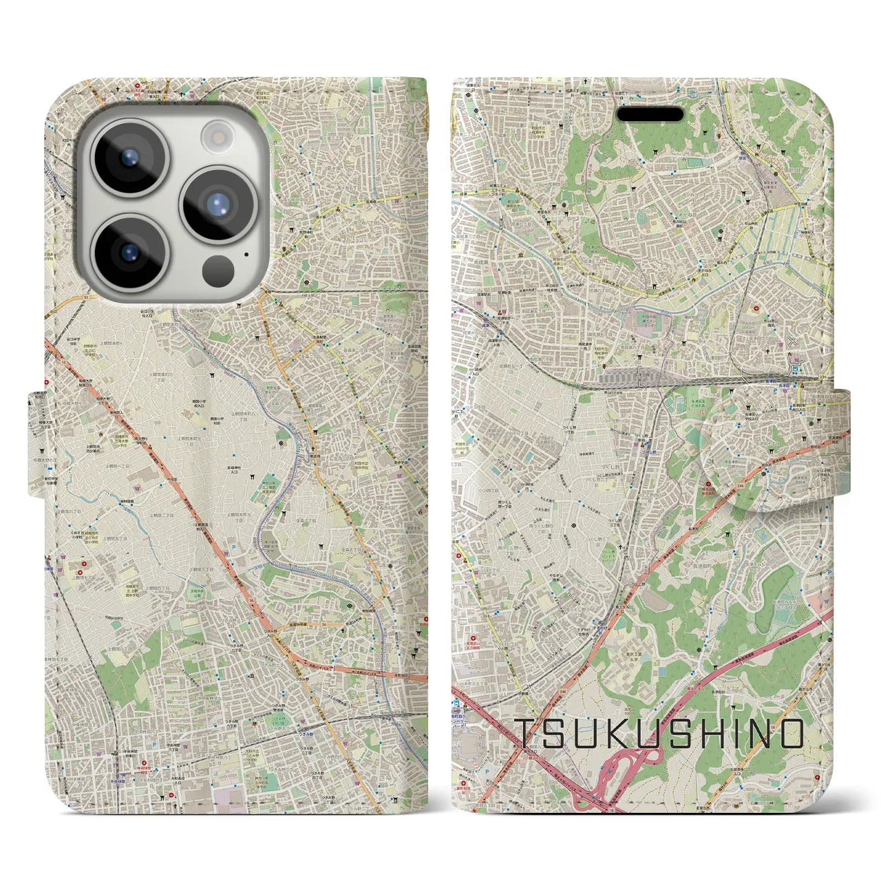 【つくし野】地図柄iPhoneケース（手帳両面タイプ・ナチュラル）iPhone 15 Pro 用
