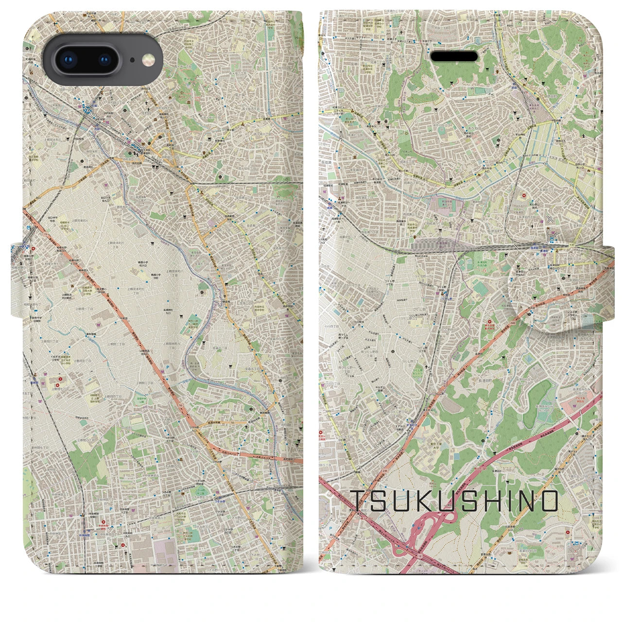 【つくし野】地図柄iPhoneケース（手帳両面タイプ・ナチュラル）iPhone 8Plus /7Plus / 6sPlus / 6Plus 用