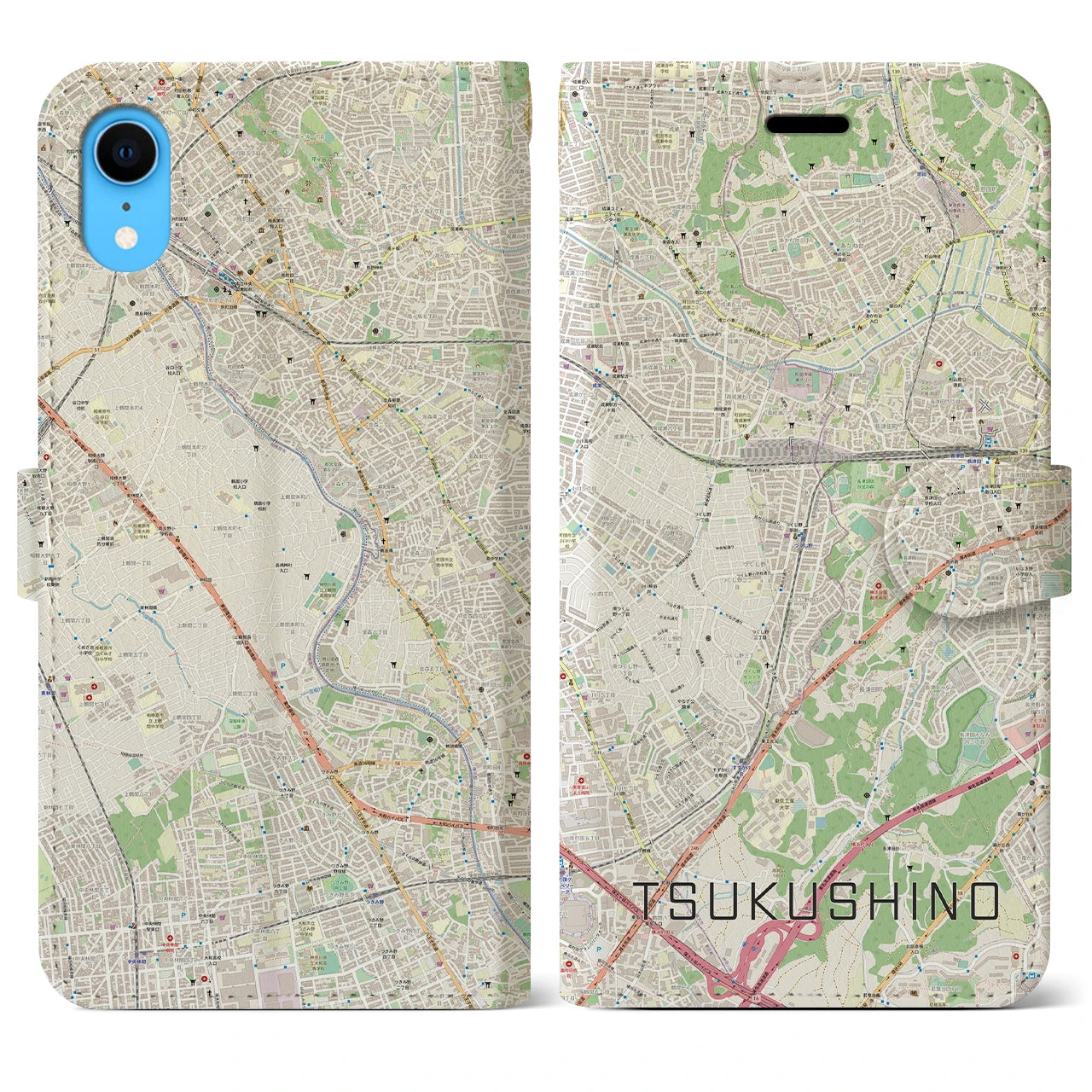 【つくし野】地図柄iPhoneケース（手帳両面タイプ・ナチュラル）iPhone XR 用