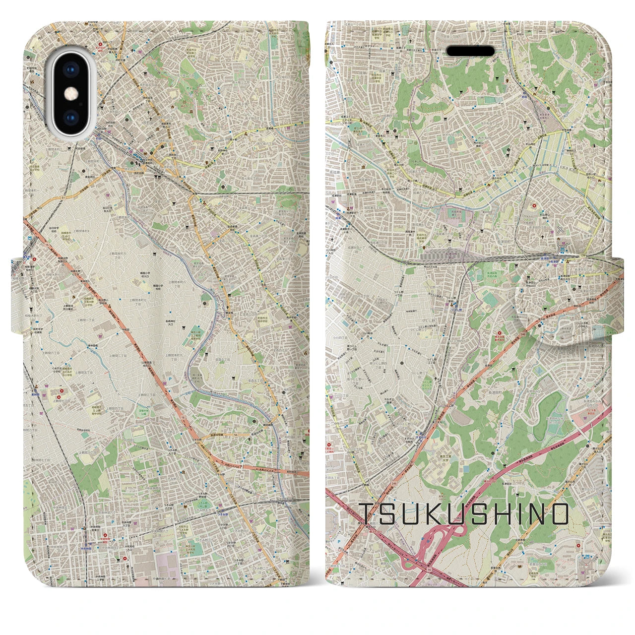 【つくし野】地図柄iPhoneケース（手帳両面タイプ・ナチュラル）iPhone XS Max 用
