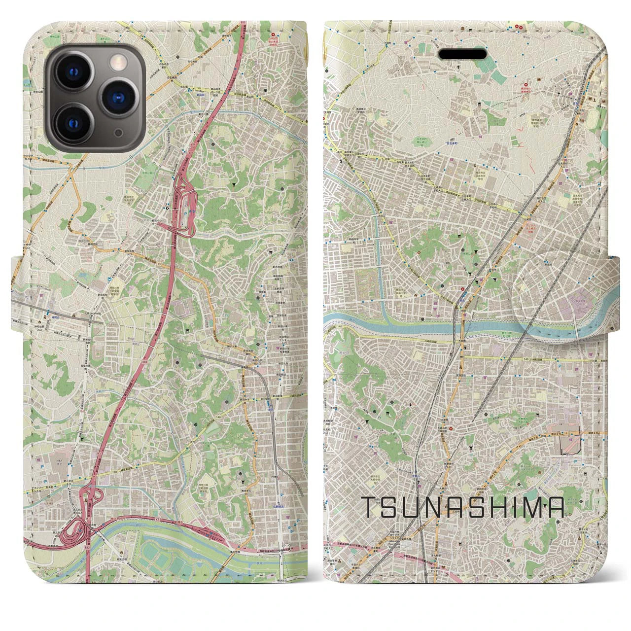 【綱島】地図柄iPhoneケース（手帳両面タイプ・ナチュラル）iPhone 11 Pro Max 用
