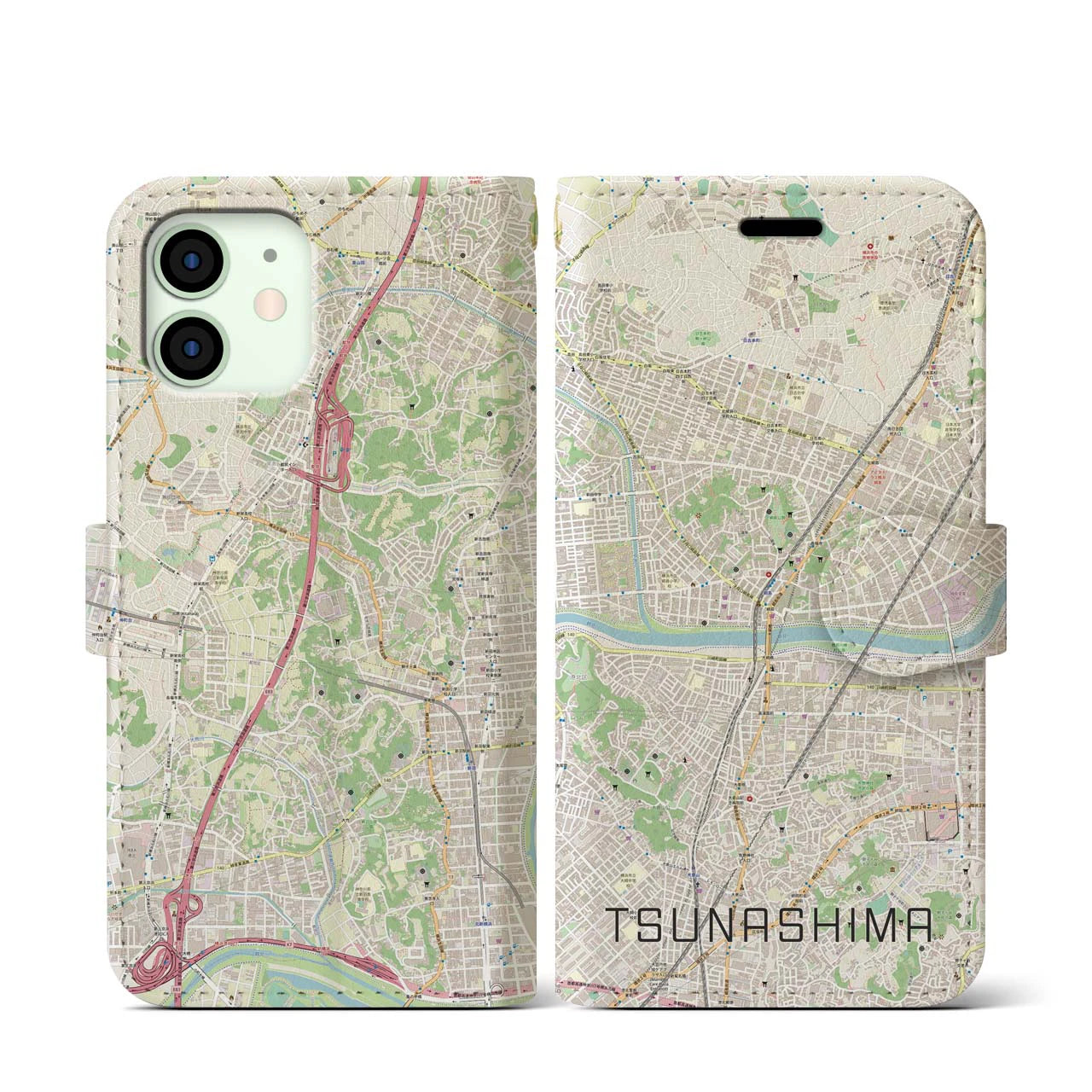 【綱島】地図柄iPhoneケース（手帳両面タイプ・ナチュラル）iPhone 12 mini 用