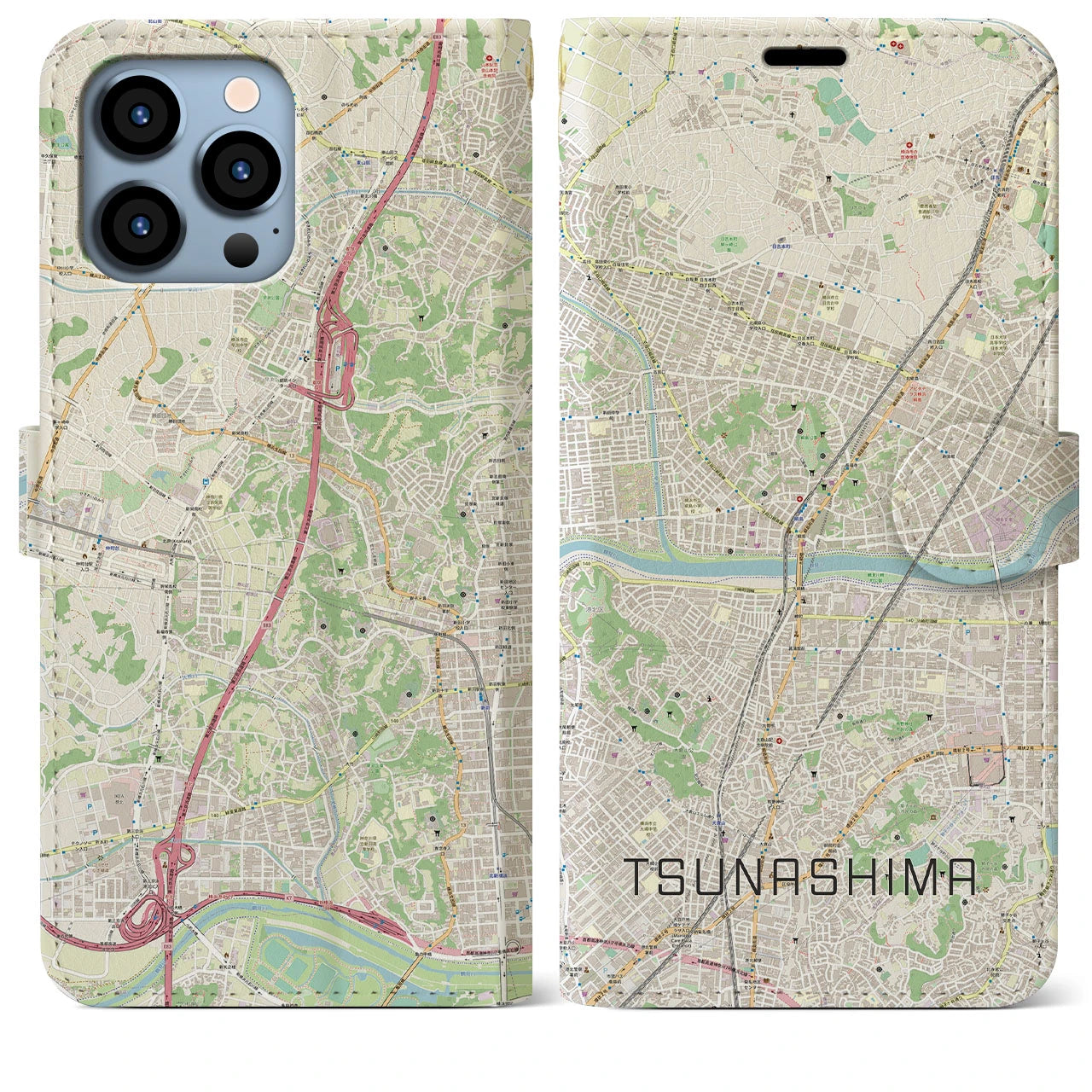 【綱島】地図柄iPhoneケース（手帳両面タイプ・ナチュラル）iPhone 13 Pro Max 用