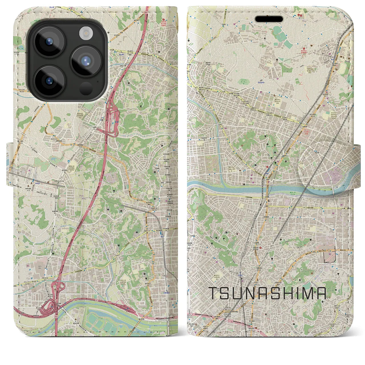 【綱島】地図柄iPhoneケース（手帳両面タイプ・ナチュラル）iPhone 15 Pro Max 用