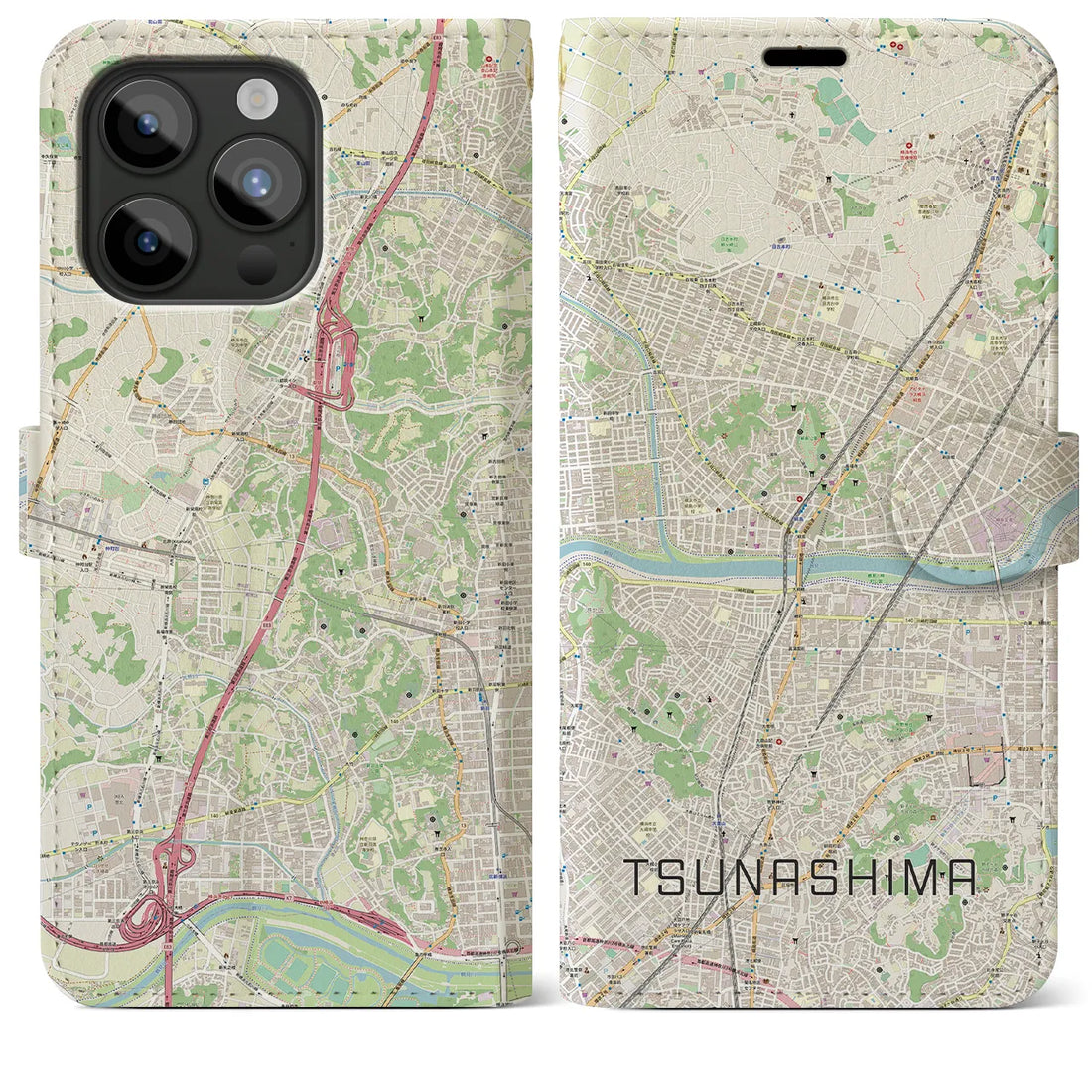 【綱島】地図柄iPhoneケース（手帳両面タイプ・ナチュラル）iPhone 15 Pro Max 用