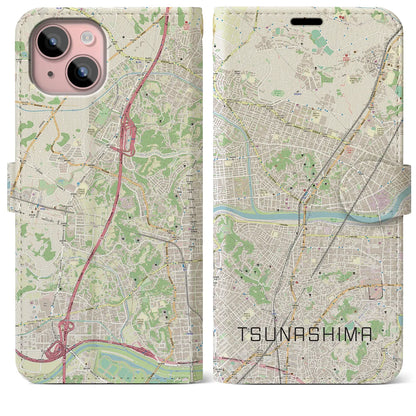 【綱島（神奈川県）】地図柄iPhoneケース（手帳タイプ）ナチュラル・iPhone 15 Plus 用