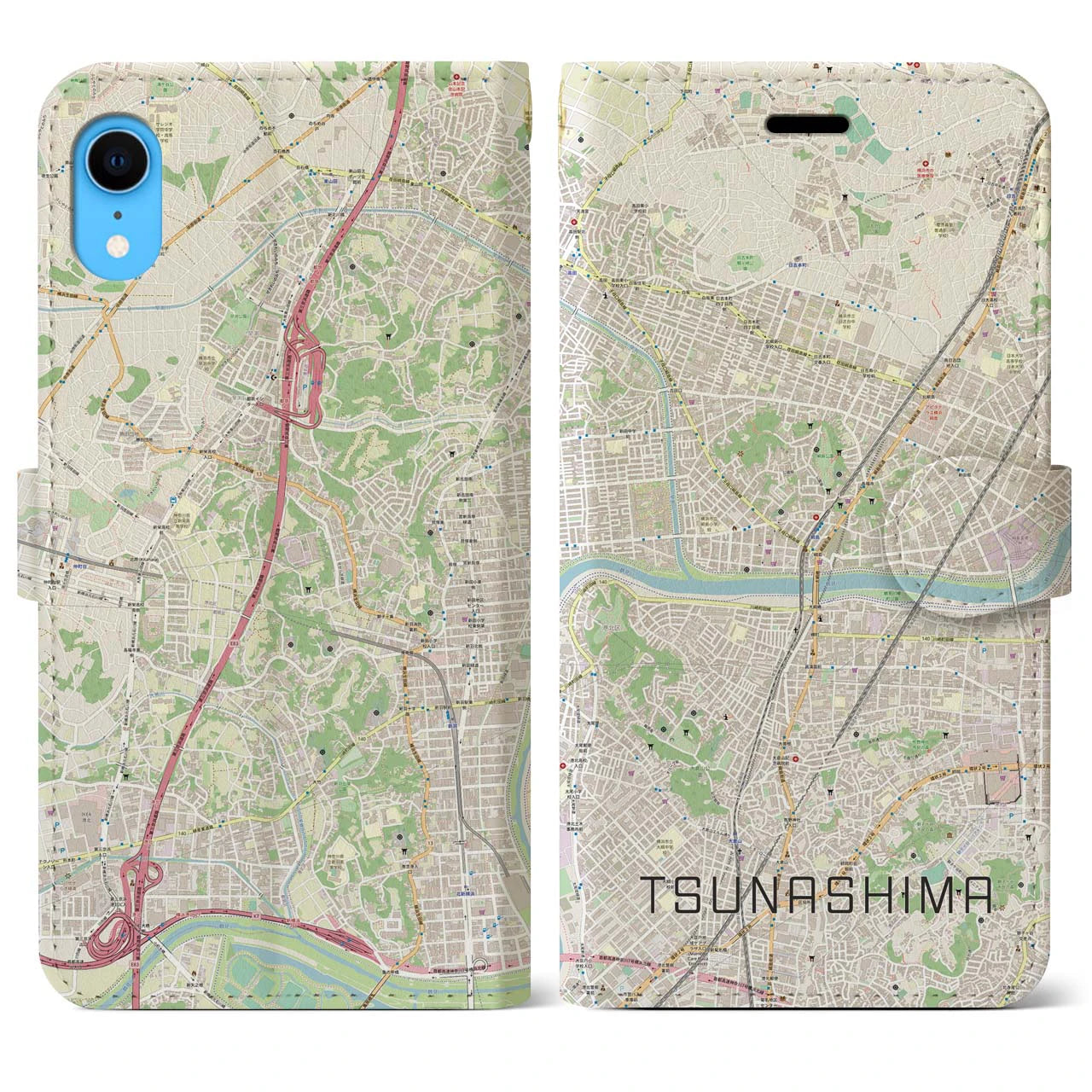 【綱島】地図柄iPhoneケース（手帳両面タイプ・ナチュラル）iPhone XR 用