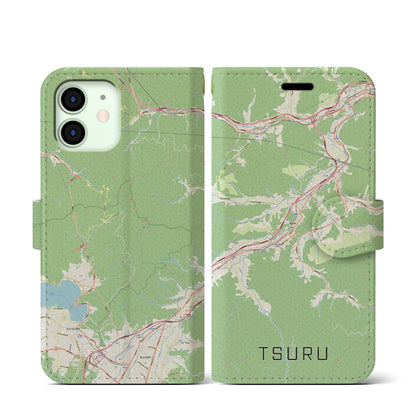 【都留（山梨県）】地図柄iPhoneケース（手帳タイプ）ナチュラル・iPhone 12 mini 用