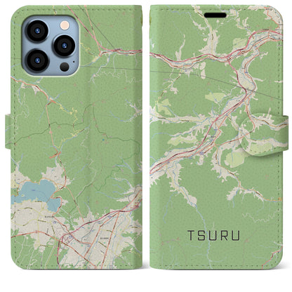 【都留（山梨県）】地図柄iPhoneケース（手帳タイプ）ナチュラル・iPhone 13 Pro Max 用