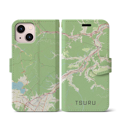 【都留（山梨県）】地図柄iPhoneケース（手帳タイプ）ナチュラル・iPhone 13 mini 用