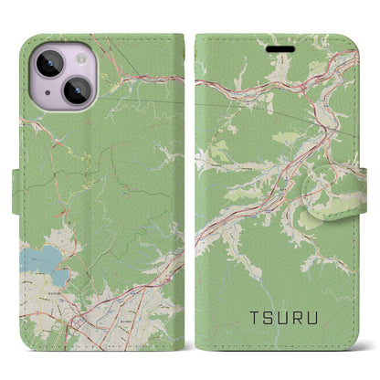【都留（山梨県）】地図柄iPhoneケース（手帳タイプ）ナチュラル・iPhone 14 用