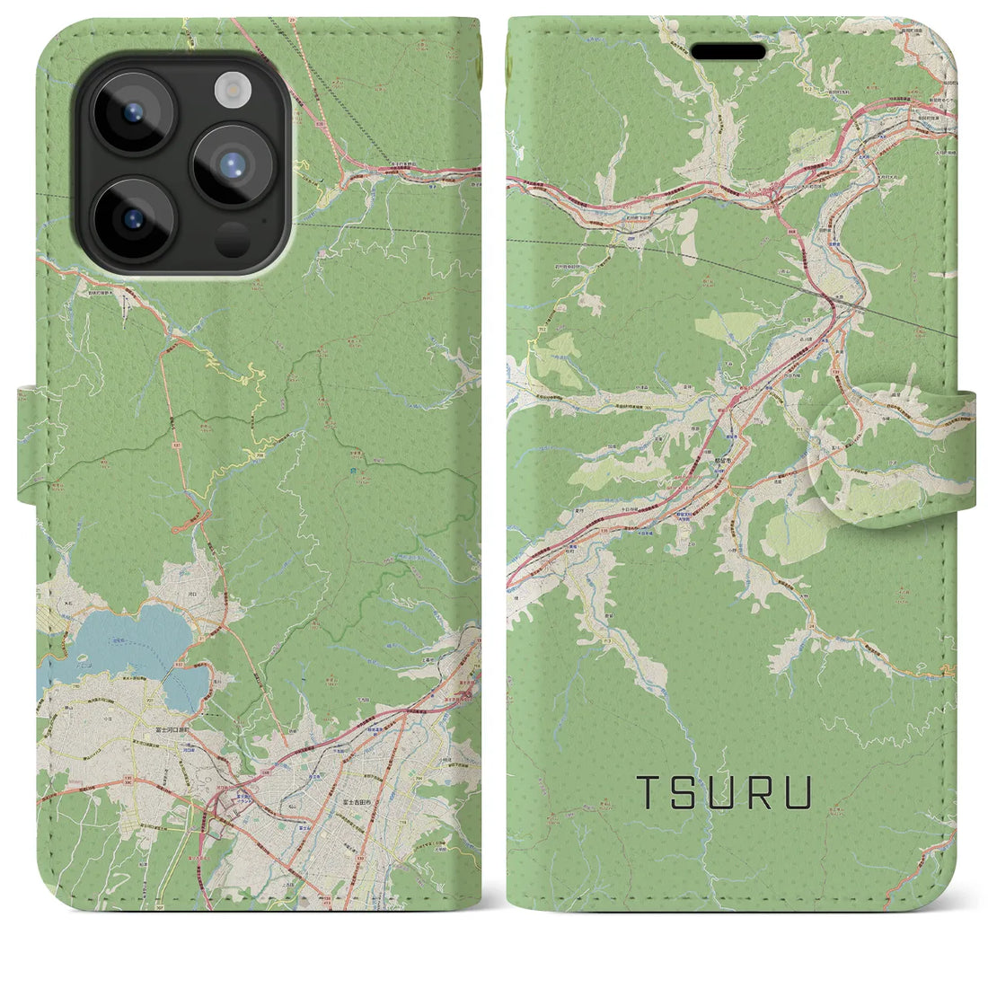 【都留】地図柄iPhoneケース（手帳両面タイプ・ナチュラル）iPhone 15 Pro Max 用