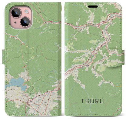 【都留（山梨県）】地図柄iPhoneケース（手帳タイプ）ナチュラル・iPhone 15 Plus 用