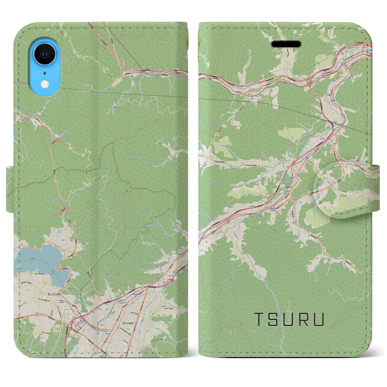 【都留】地図柄iPhoneケース（手帳両面タイプ・ナチュラル）iPhone XR 用