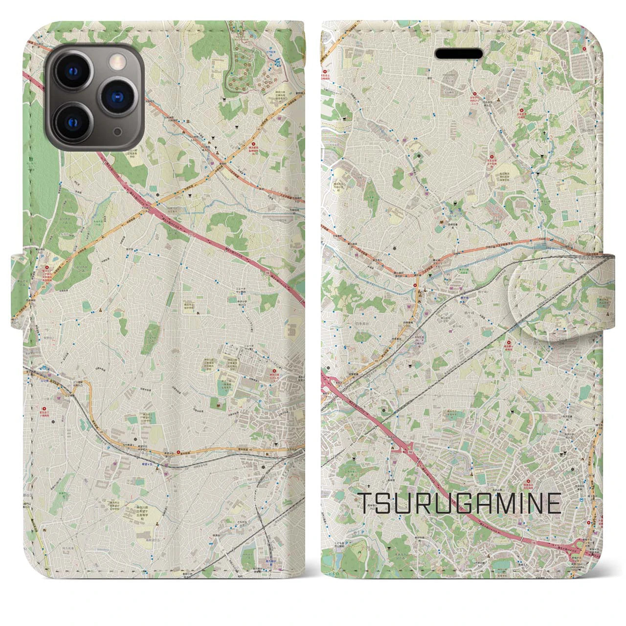 【鶴ヶ峰】地図柄iPhoneケース（手帳両面タイプ・ナチュラル）iPhone 11 Pro Max 用