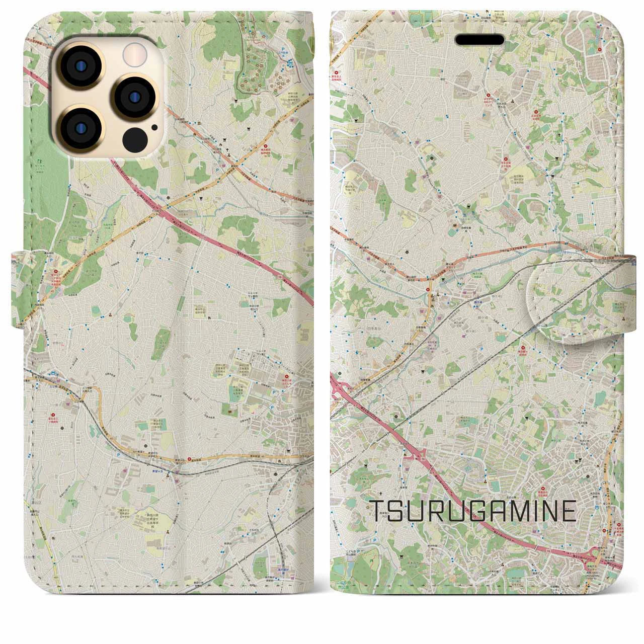 【鶴ヶ峰】地図柄iPhoneケース（手帳両面タイプ・ナチュラル）iPhone 12 Pro Max 用