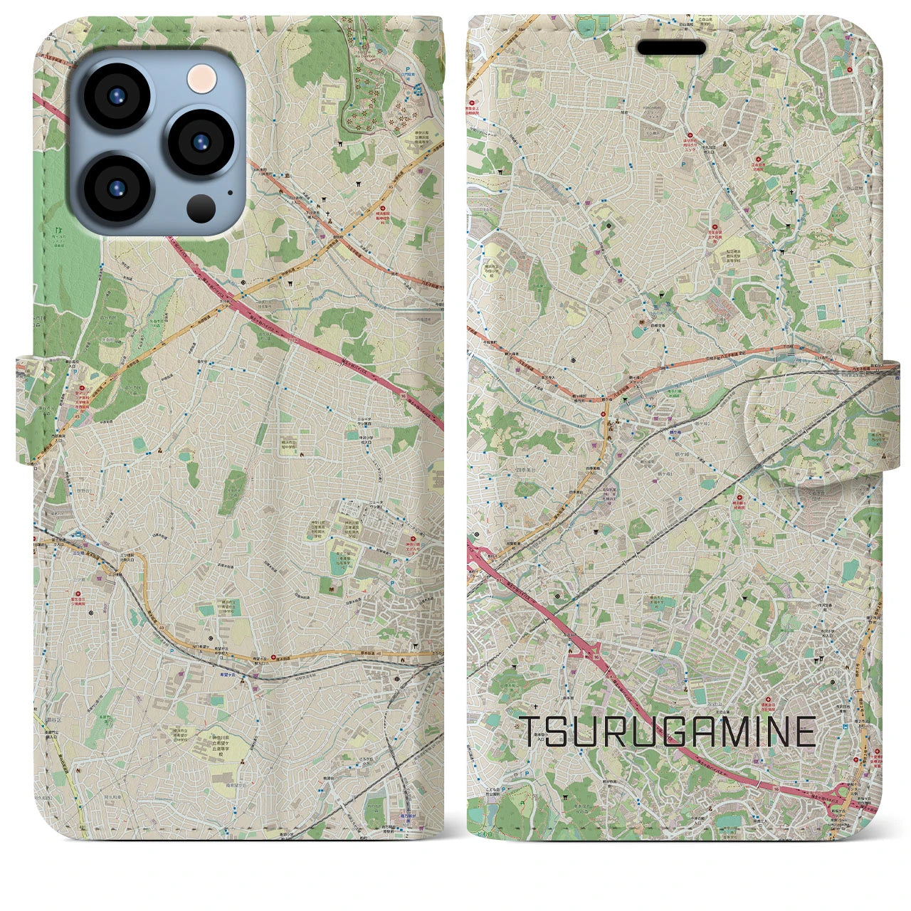 【鶴ヶ峰】地図柄iPhoneケース（手帳両面タイプ・ナチュラル）iPhone 13 Pro Max 用