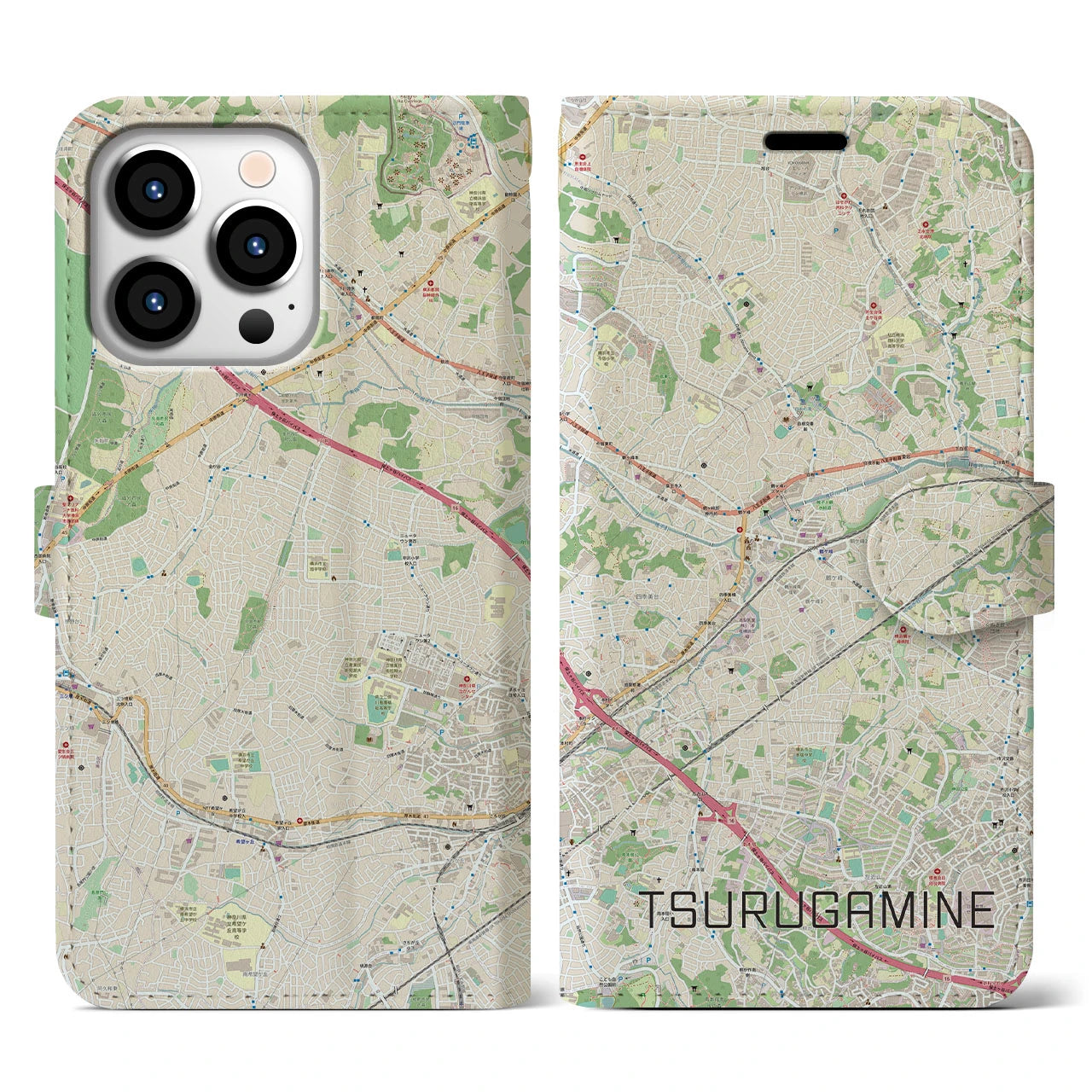 【鶴ヶ峰】地図柄iPhoneケース（手帳両面タイプ・ナチュラル）iPhone 13 Pro 用