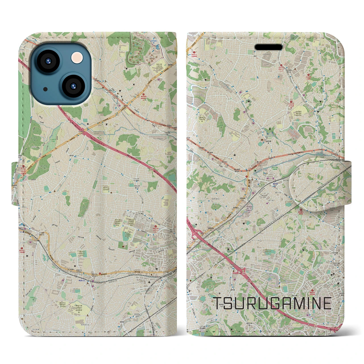 【鶴ヶ峰】地図柄iPhoneケース（手帳両面タイプ・ナチュラル）iPhone 13 用