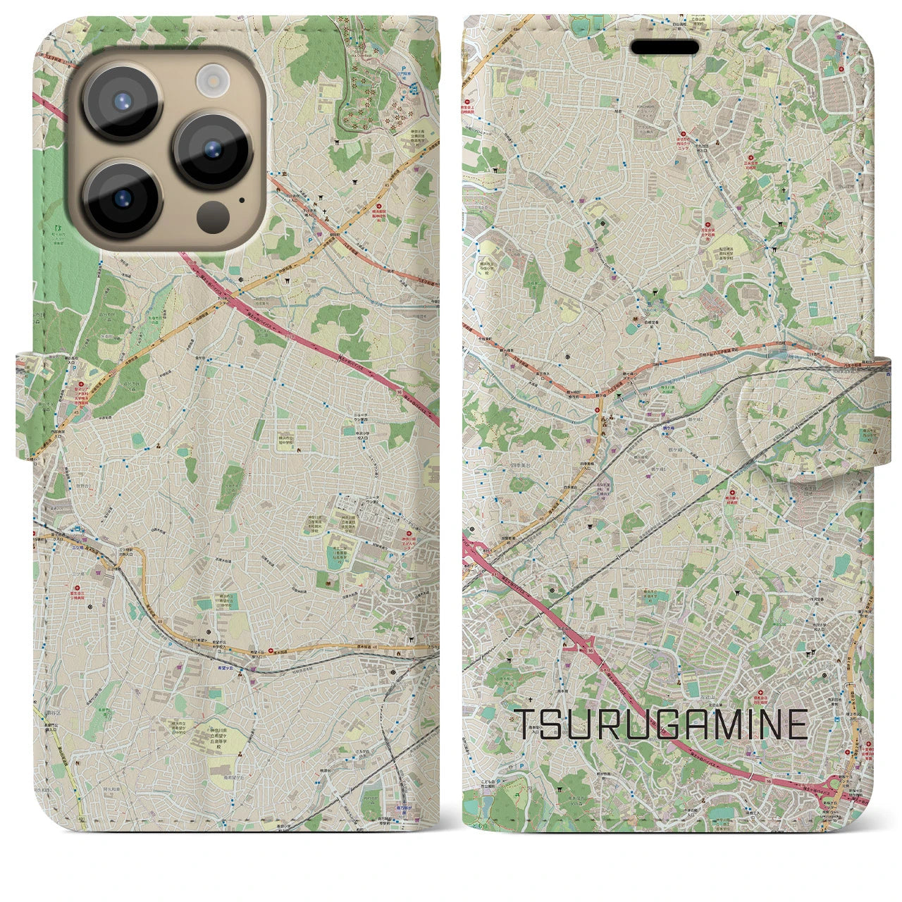 【鶴ヶ峰】地図柄iPhoneケース（手帳両面タイプ・ナチュラル）iPhone 14 Pro Max 用