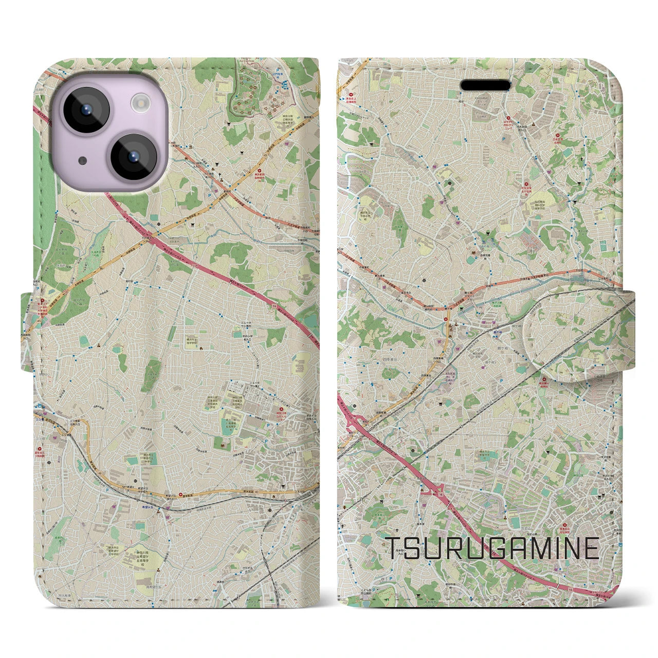 【鶴ヶ峰】地図柄iPhoneケース（手帳両面タイプ・ナチュラル）iPhone 14 用